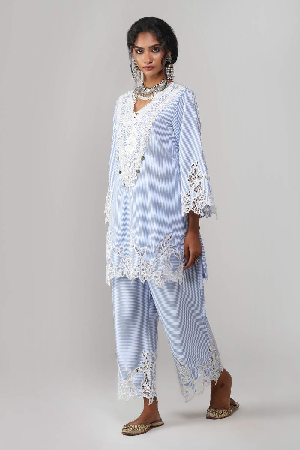 Rangreez Striped Cot-Cotton Co-ord Set with Floral Lace
