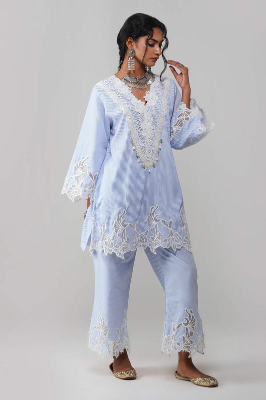 Rangreez Striped Cot-Cotton Co-ord Set with Floral Lace