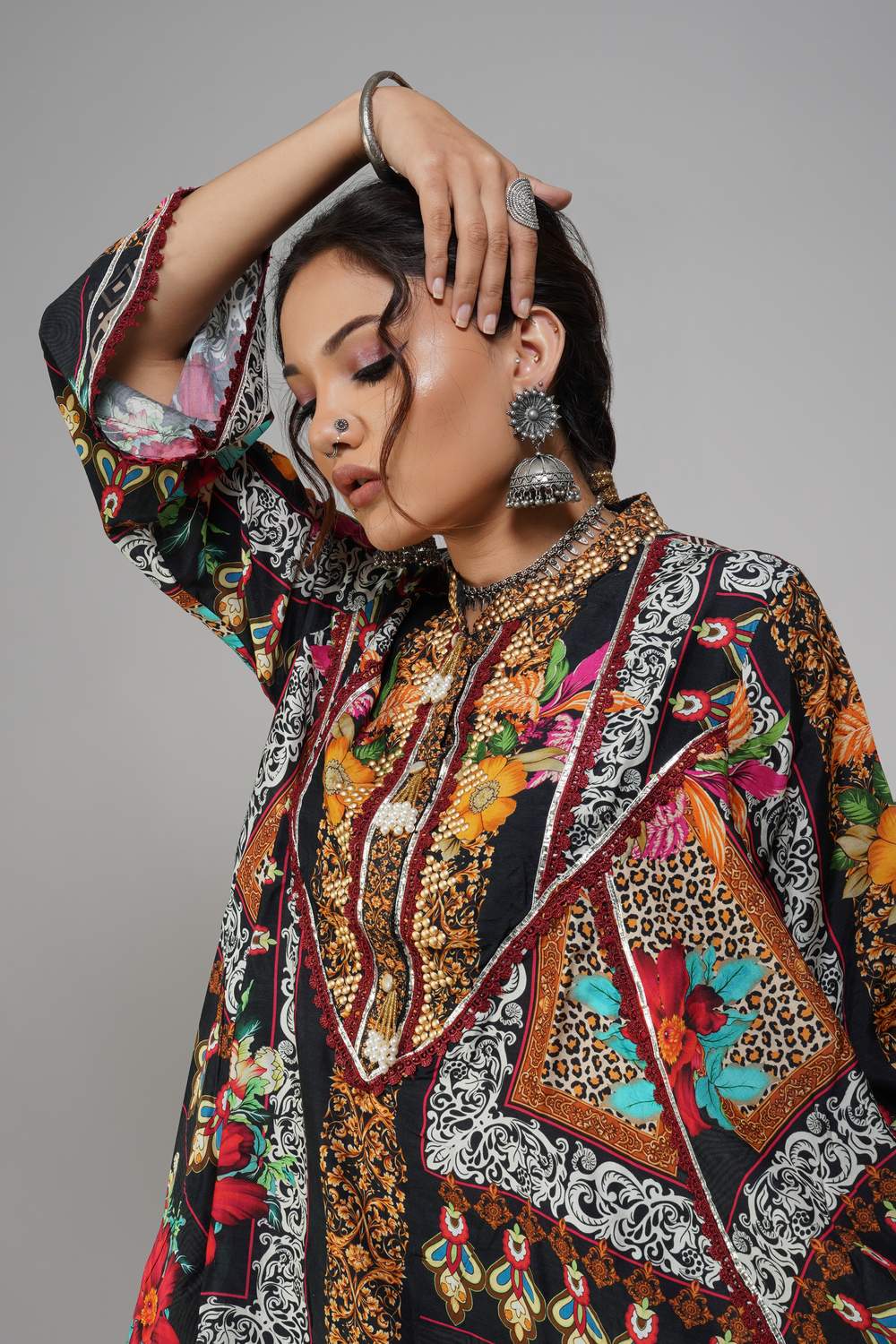 Floral and motif printed cotton muslin co-ord set