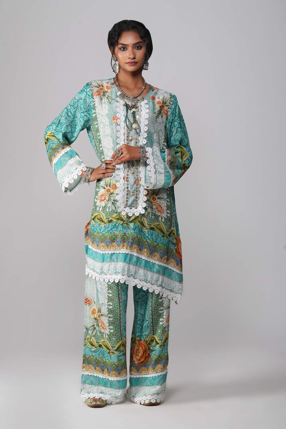 Ishum Pastel Sage Handcrafted Cotton Muslin Suit Set with Embroidered Detailing