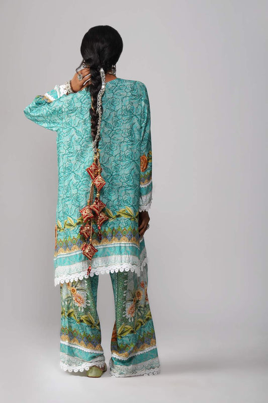 Ishum Pastel Sage Handcrafted Cotton Muslin Suit Set with Embroidered Detailing