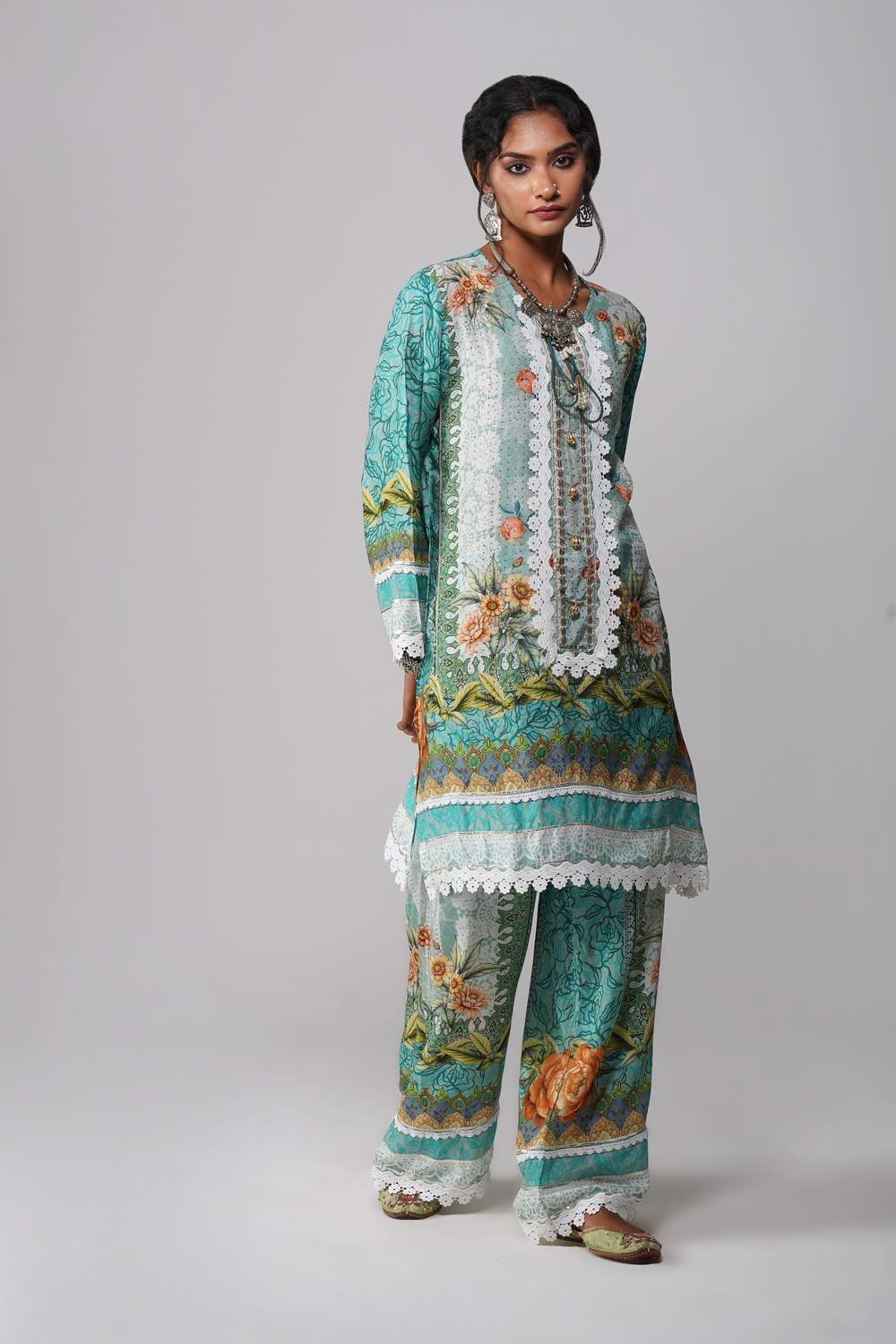 Ishum Pastel Sage Handcrafted Cotton Muslin Suit Set with Embroidered Detailing