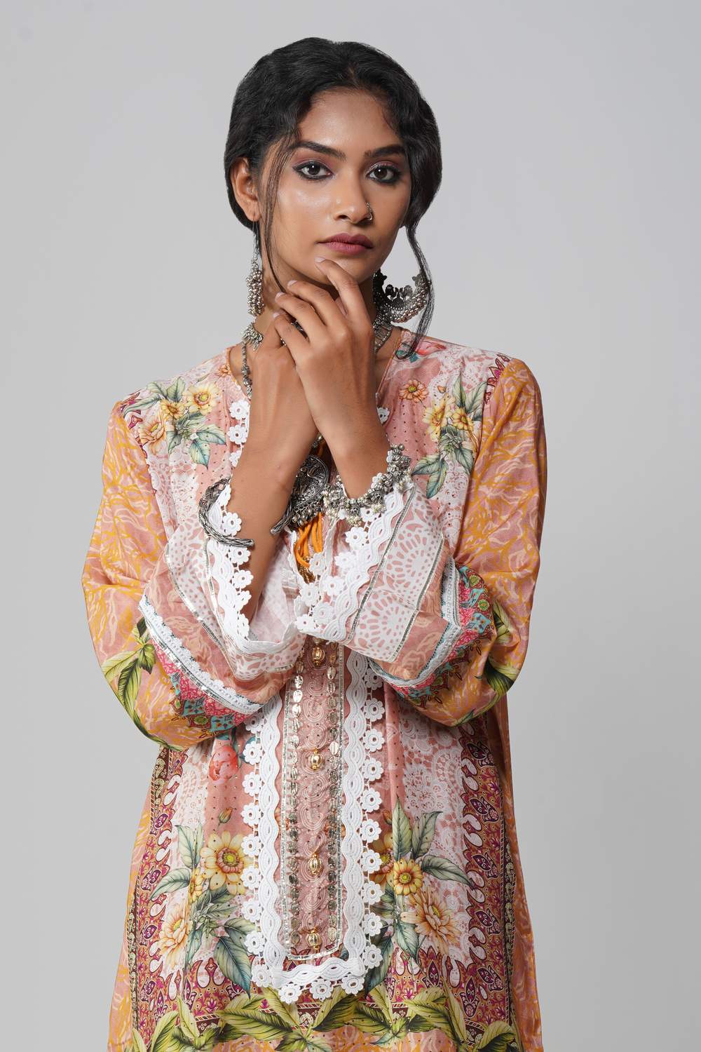 Ishum Blooming Peach Multicolor Floral Cotton Muslin Kurta with Lace Accents