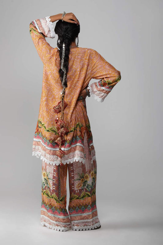 Ishum Blooming Peach Multicolor Floral Cotton Muslin Kurta with Lace Accents