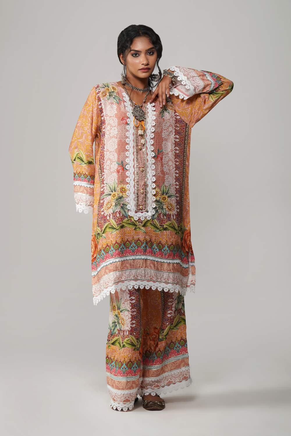Ishum Blooming Peach Multicolor Floral Cotton Muslin Kurta with Lace Accents