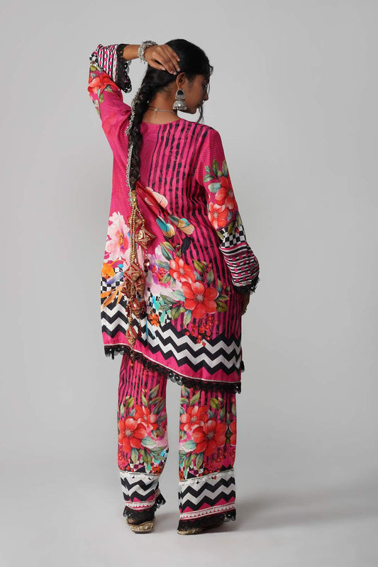 Ishum Fuchsia Fusion Printed Kurta in Cotton Muslin with Black Lace Detailing