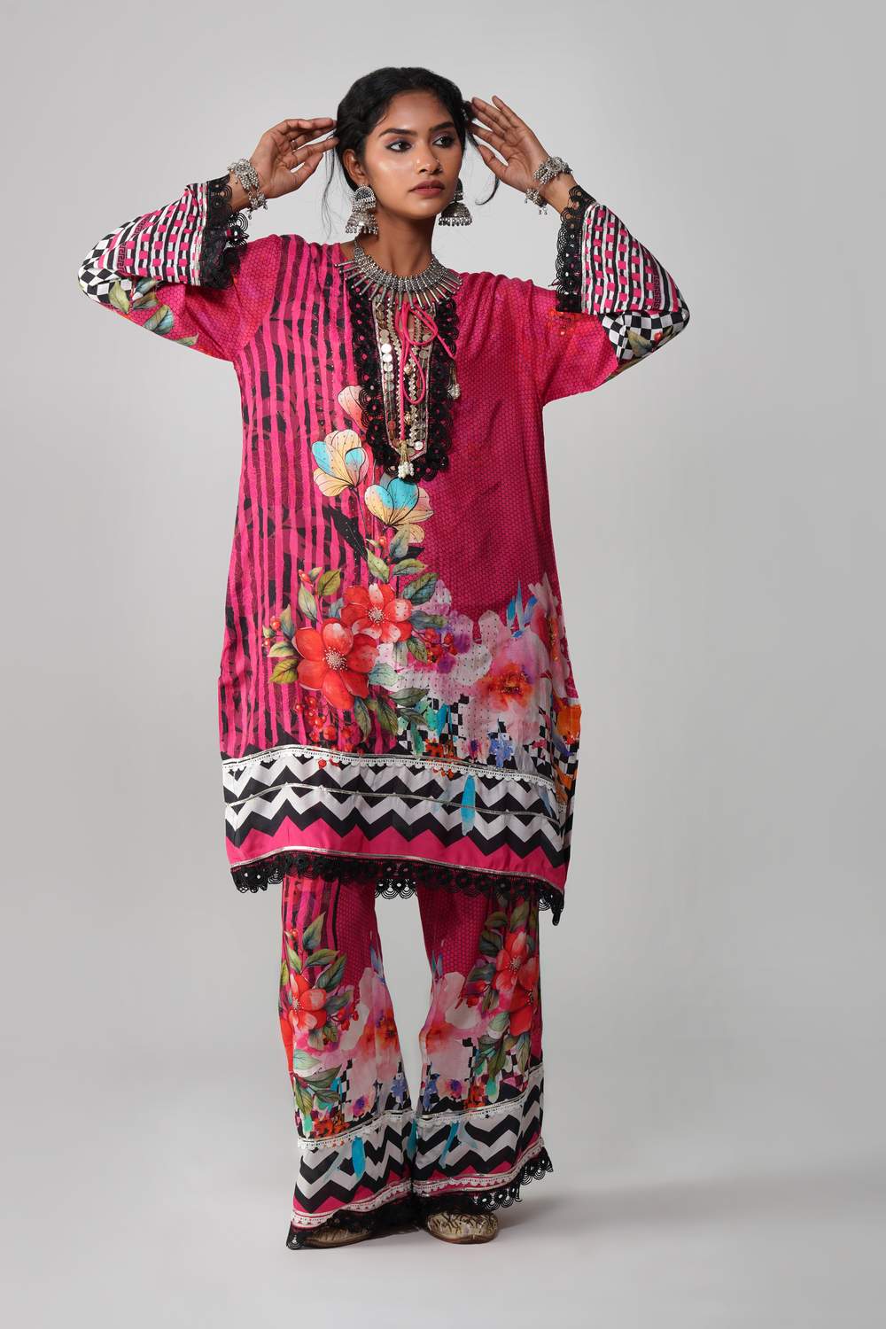 Ishum Fuchsia Fusion Printed Kurta in Cotton Muslin with Black Lace Detailing