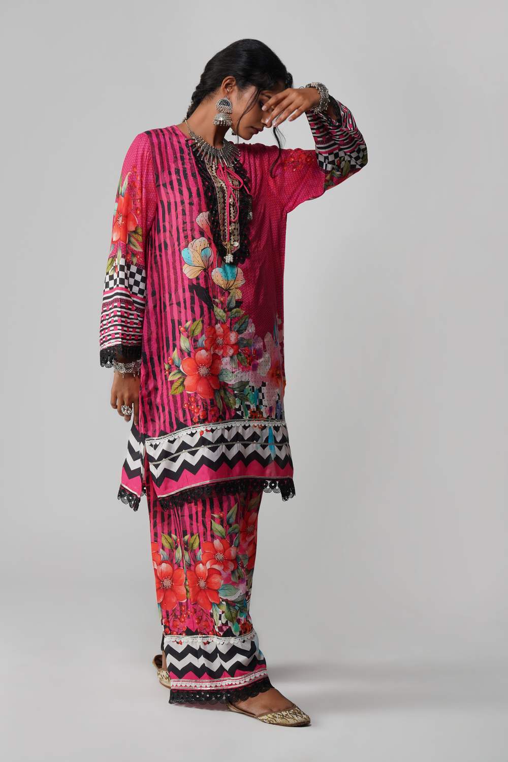 Ishum Fuchsia Fusion Printed Kurta in Cotton Muslin with Black Lace Detailing