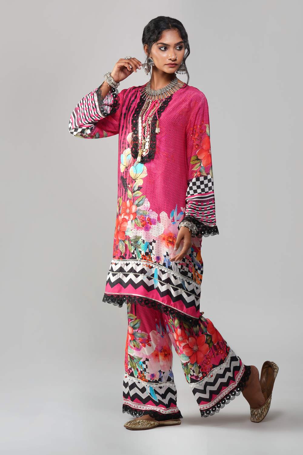 Ishum Fuchsia Fusion Printed Kurta in Cotton Muslin with Black Lace Detailing