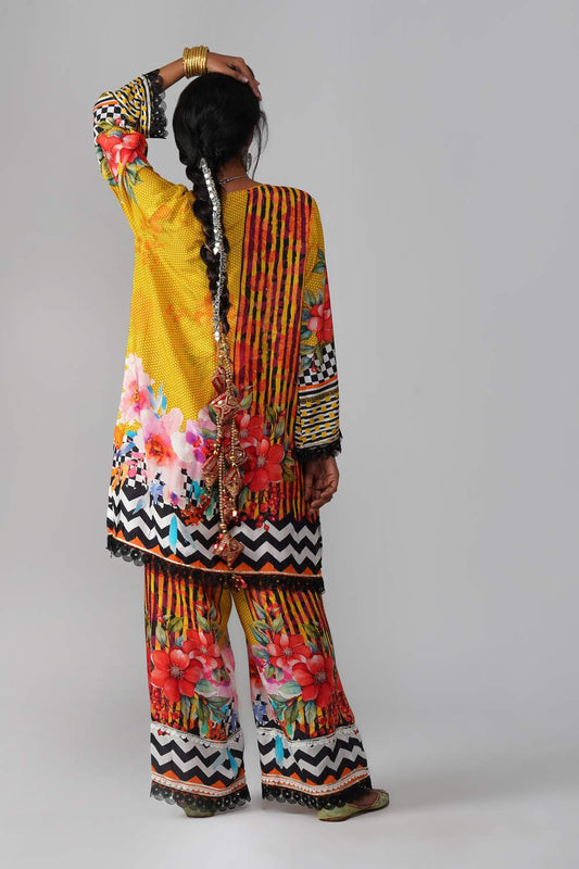 Ishum Sunshine Yellow Dupatta Set with Multicolor Floral Kurta in Cotton Muslin