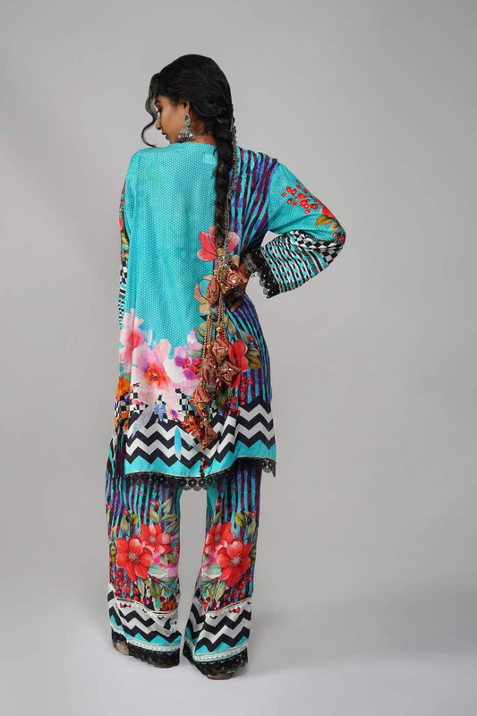 Ishum Teal Bloom Kurta with Artistic Florals in Cotton Muslin