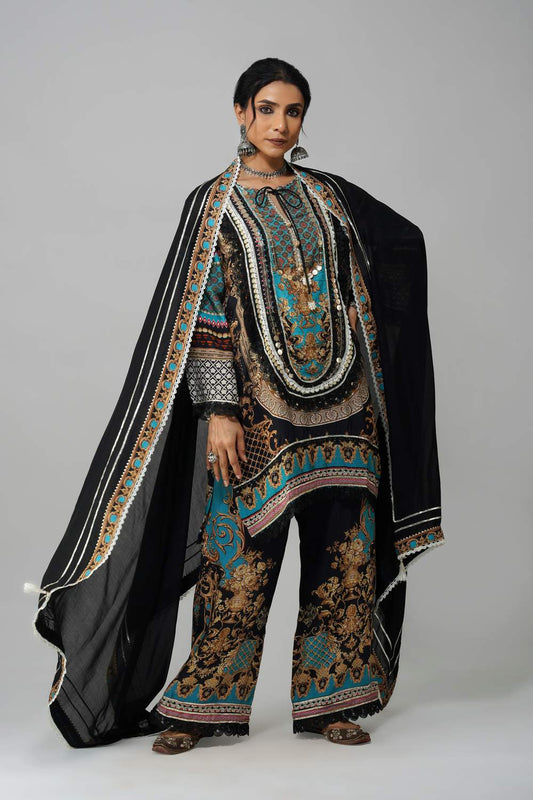Ishum Boho Luxe Kurta in Teal & Black – Cotton Muslin Statement Wear