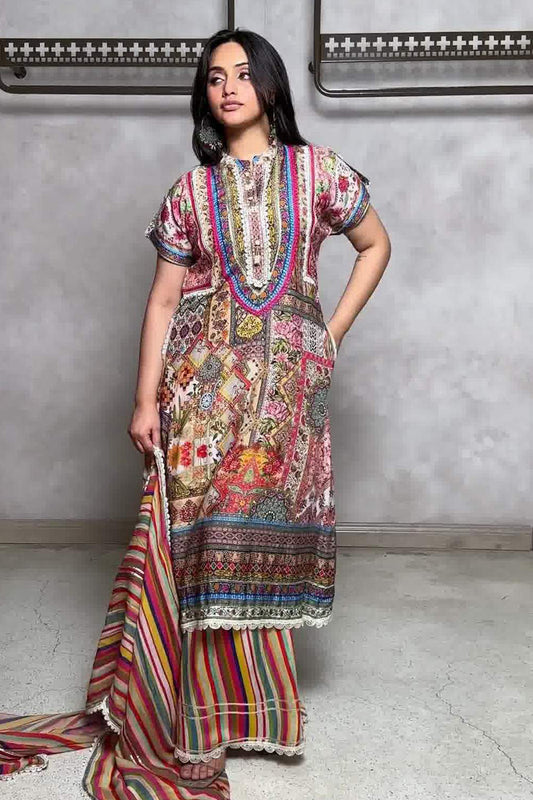 Zehra Multicolor Heritage A-Line Suit in Cotton Muslin