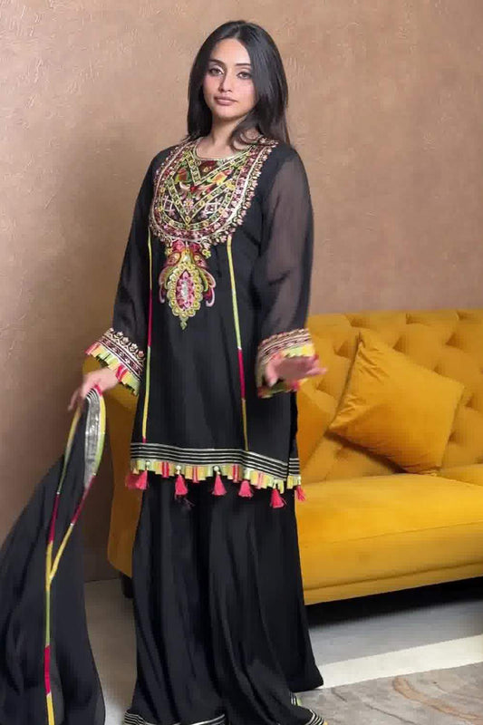 Noor Noir Embroidered Straight Suit in Cotton Muslin
