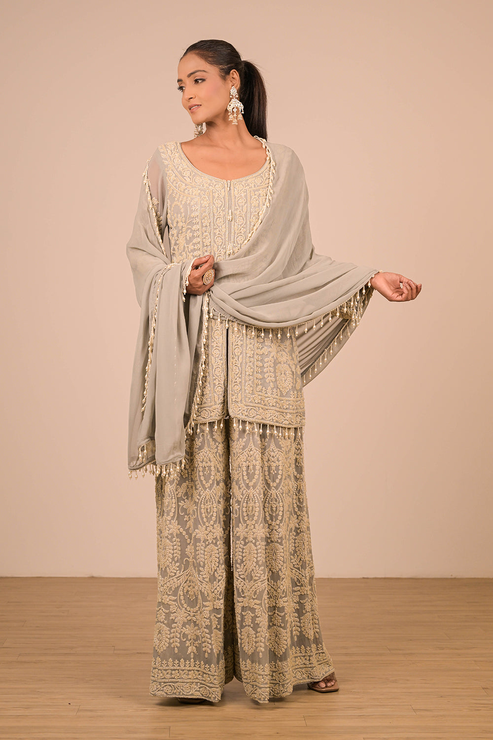 Grey Georgette Sharara Set with Intricate Moti Embroidery