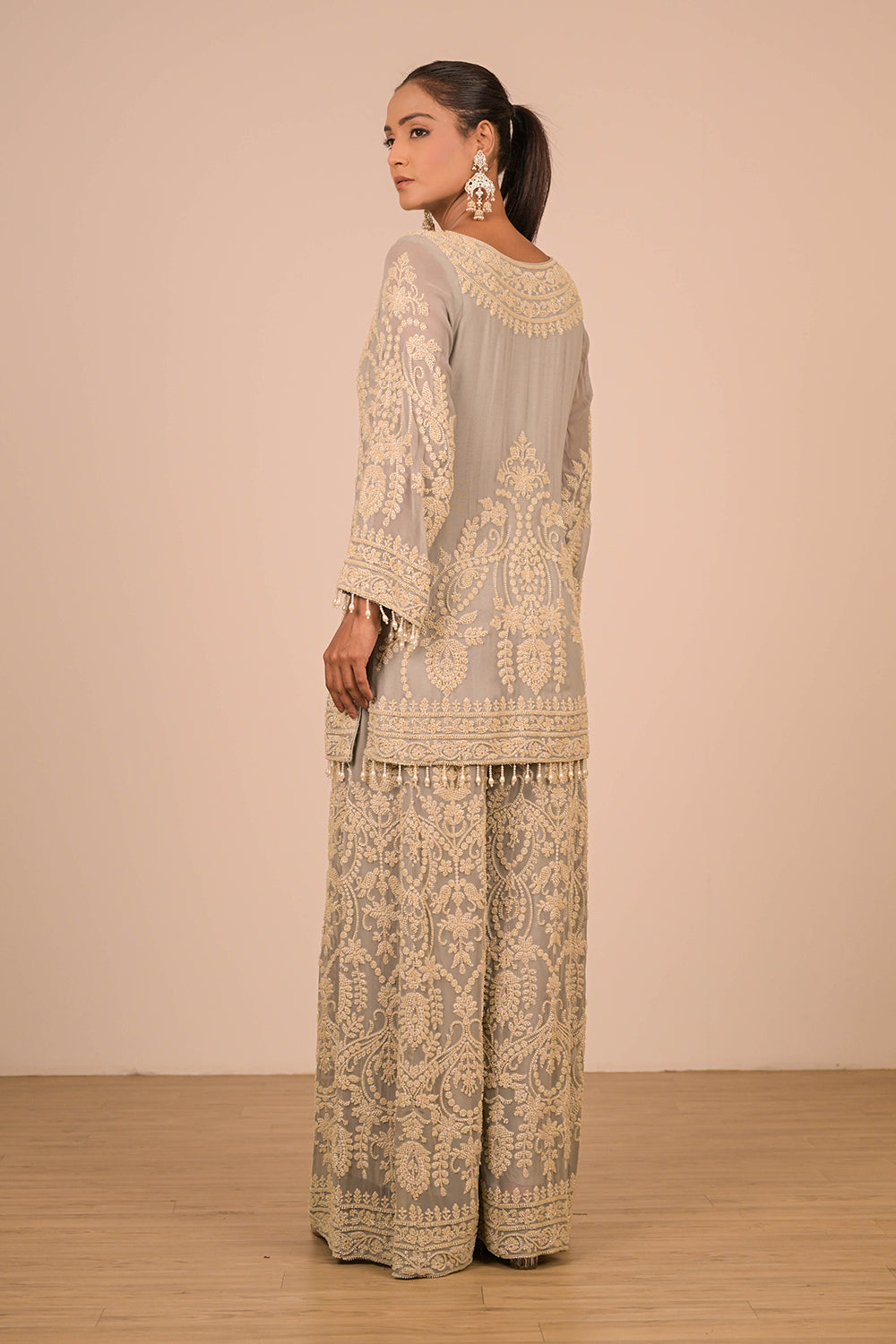 Grey Georgette Sharara Set with Intricate Moti Embroidery