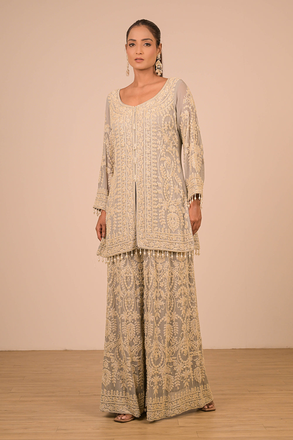 Grey Georgette Sharara Set with Intricate Moti Embroidery