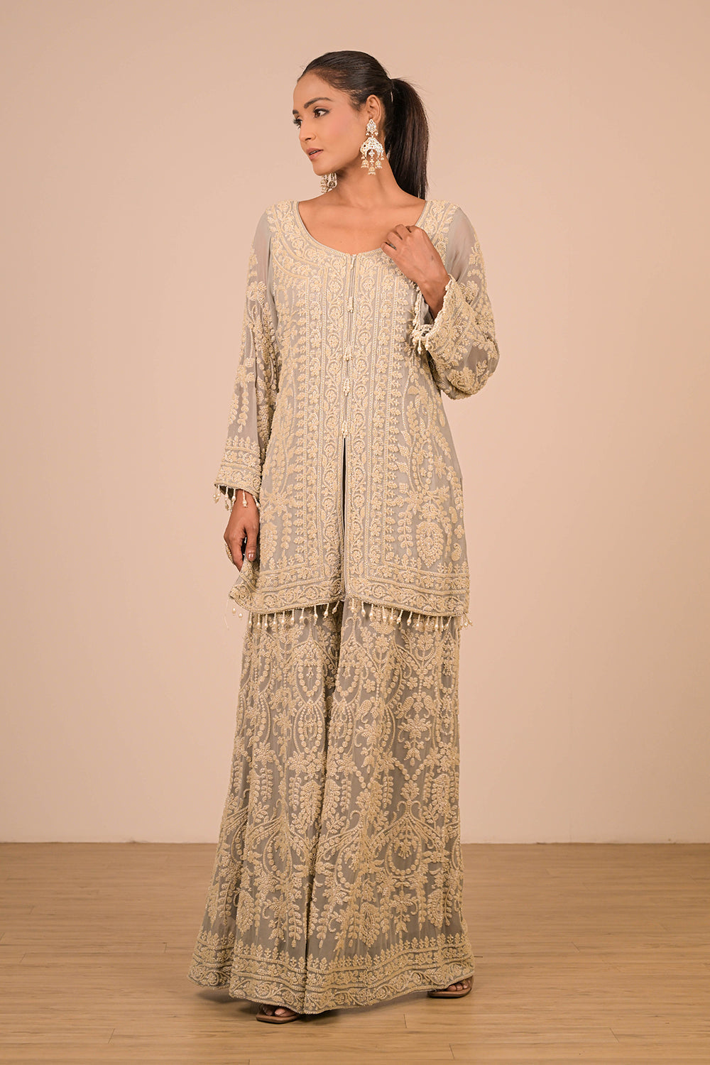 Grey Georgette Sharara Set with Intricate Moti Embroidery
