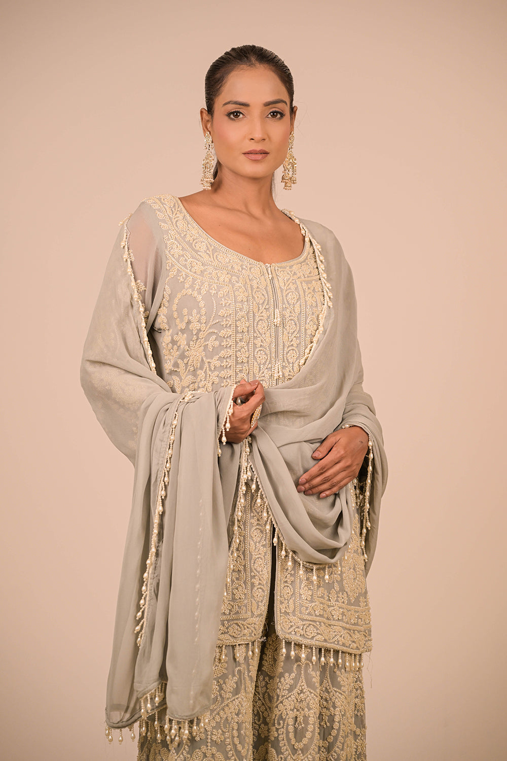 Grey Georgette Sharara Set with Intricate Moti Embroidery