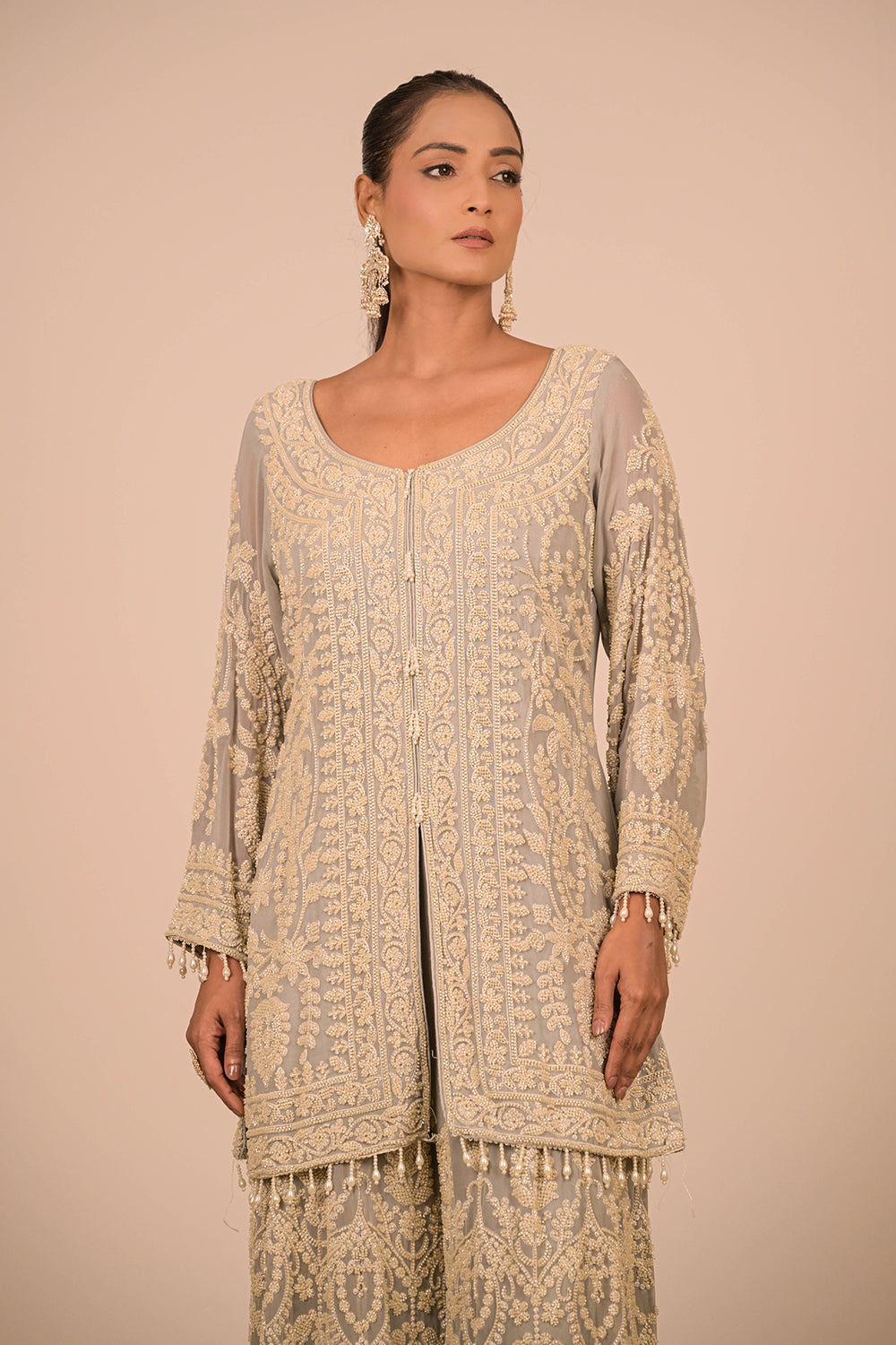 Grey Georgette Sharara Set with Intricate Moti Embroidery