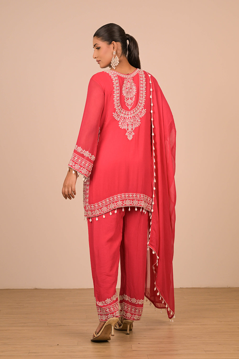 Hot Pink Georgette Suit Set with Intricate Moti Embroidery