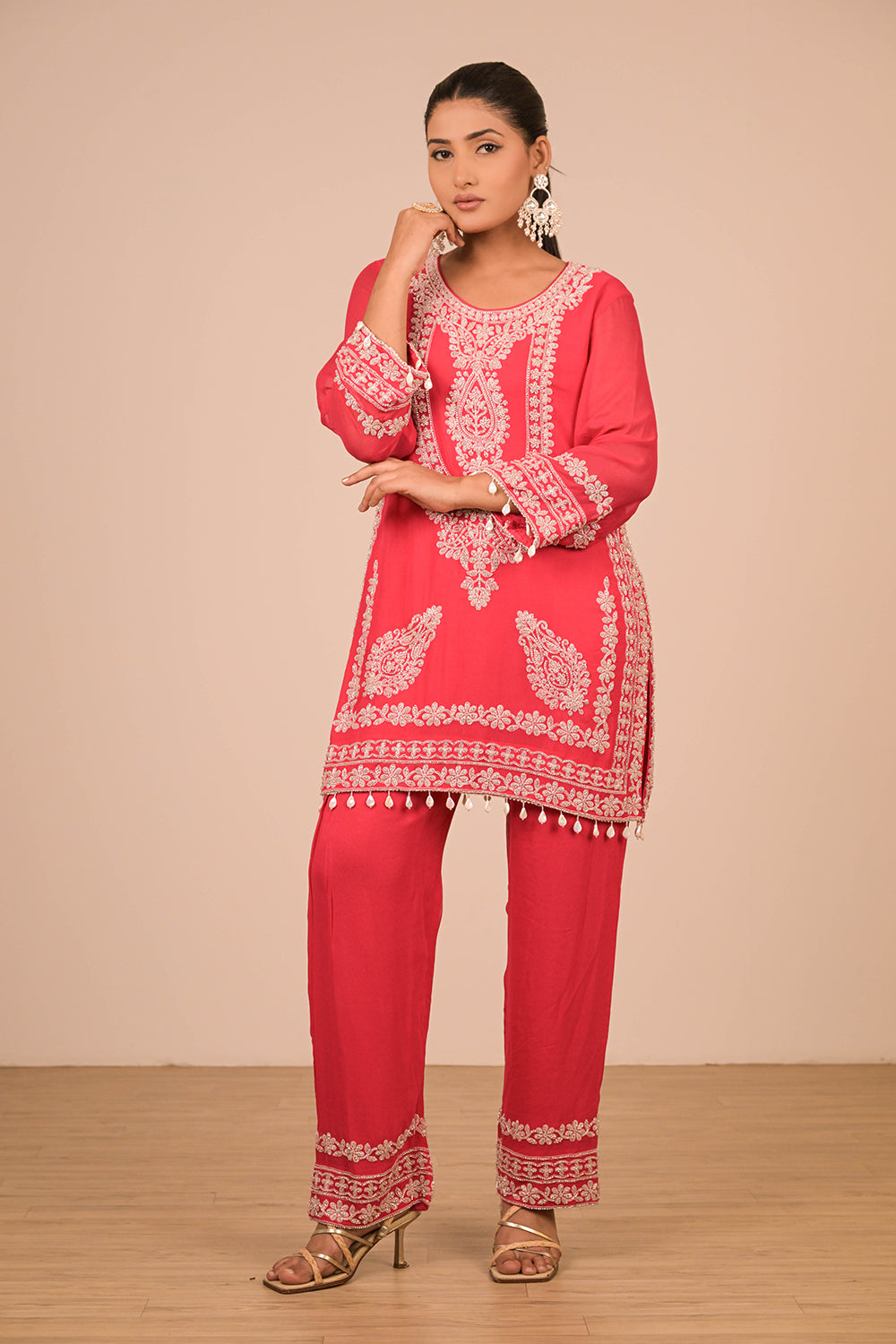 Hot Pink Georgette Suit Set with Intricate Moti Embroidery