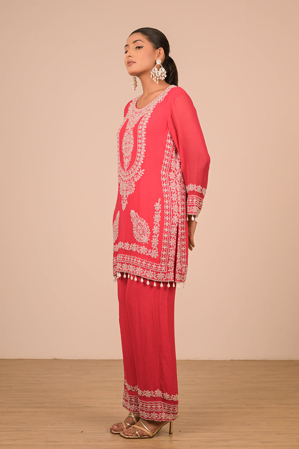 Hot Pink Georgette Suit Set with Intricate Moti Embroidery
