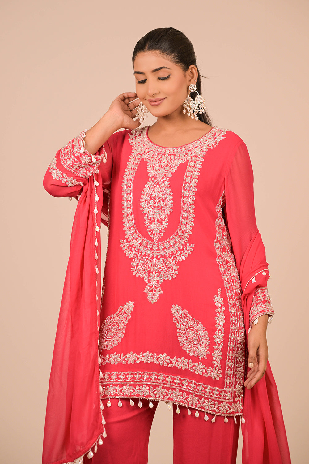 Hot Pink Georgette Suit Set with Intricate Moti Embroidery