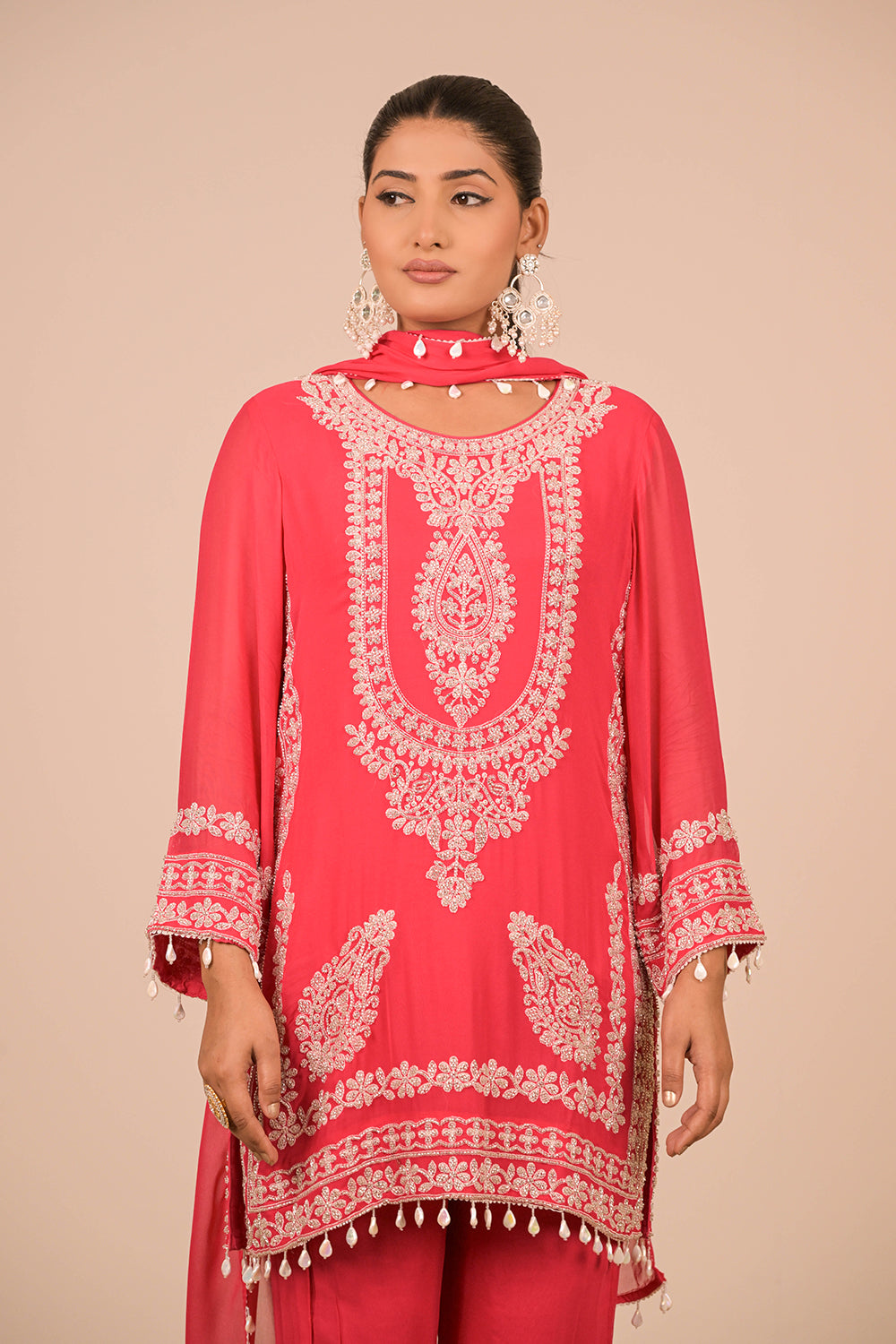 Hot Pink Georgette Suit Set with Intricate Moti Embroidery