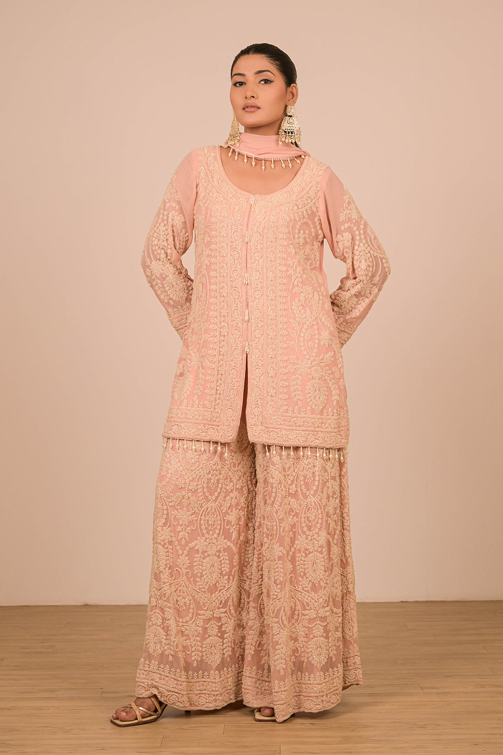 Peach Georgette Sharara Set with Intricate Moti Embroidery