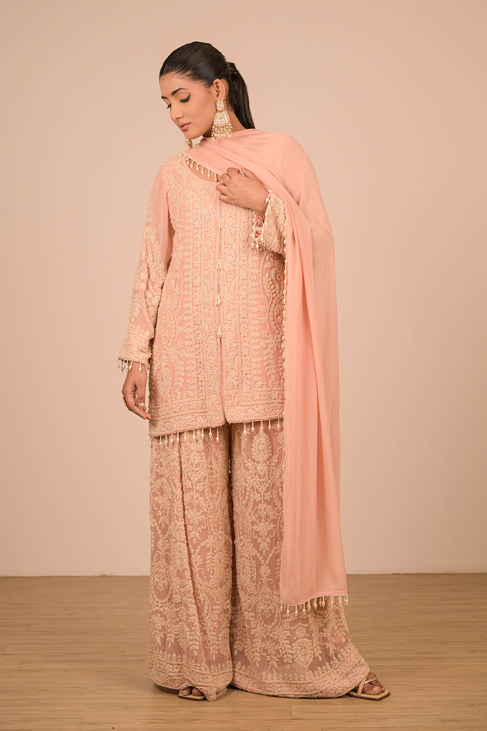 Peach Georgette Sharara Set with Intricate Moti Embroidery