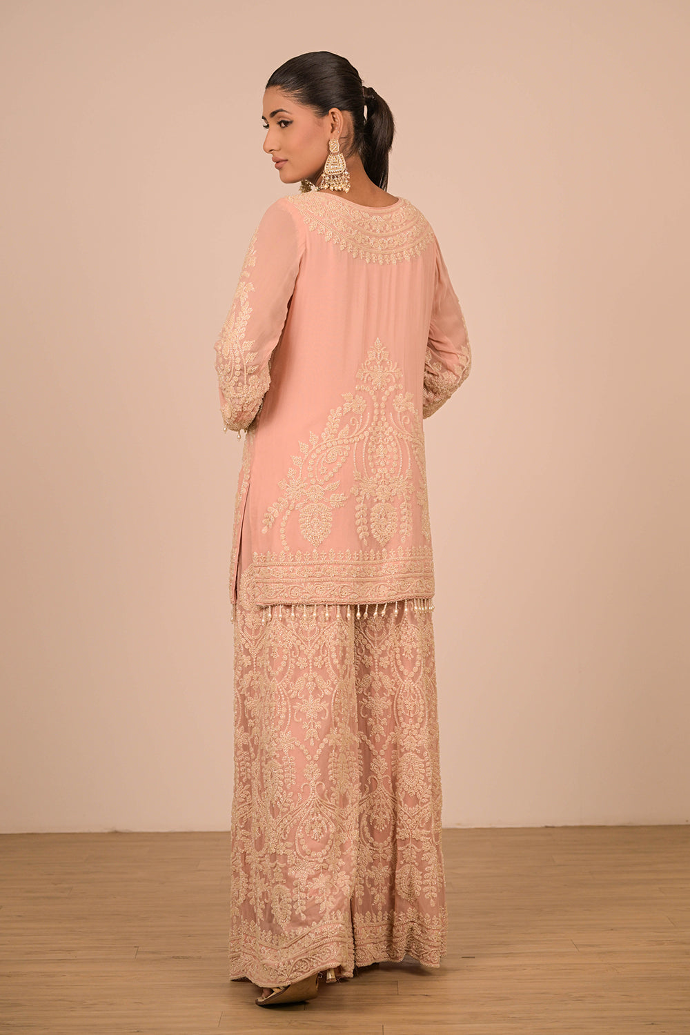Peach Georgette Sharara Set with Intricate Moti Embroidery