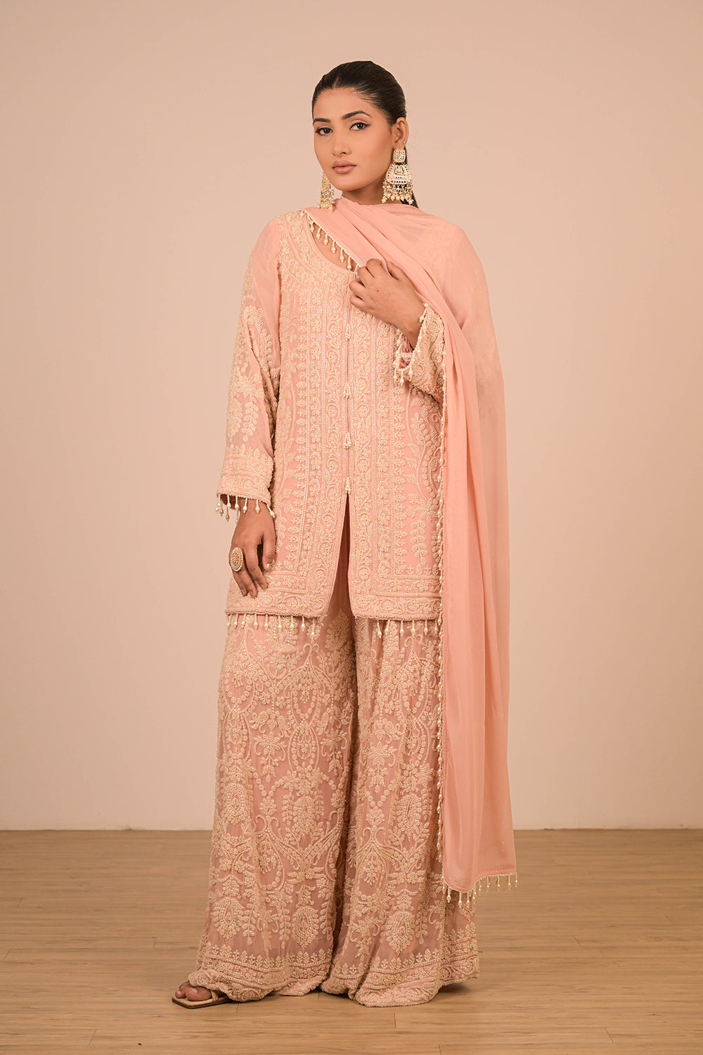 Peach Georgette Sharara Set with Intricate Moti Embroidery