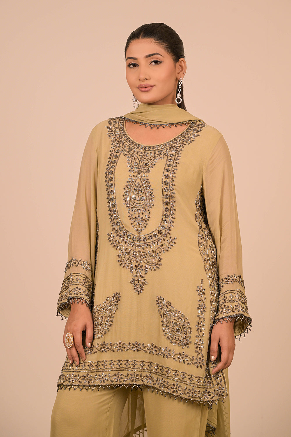 Pista Pearl Embroidered Georgette Kurta Set