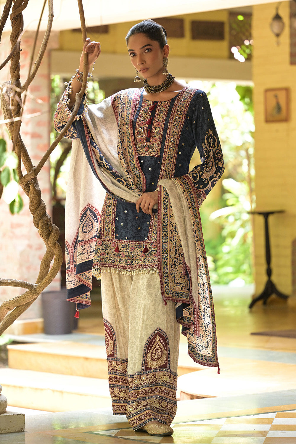 Black Blue Crepe Short Kurti With Printed Farshi Pants Dupatta