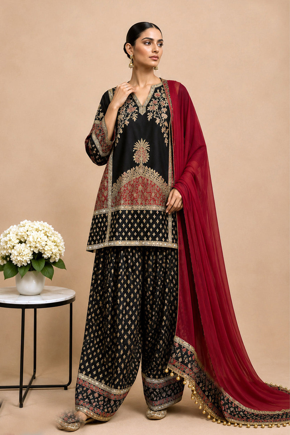 Black Crepe Short Kurta With Printed Farshi Pants And Dupatta