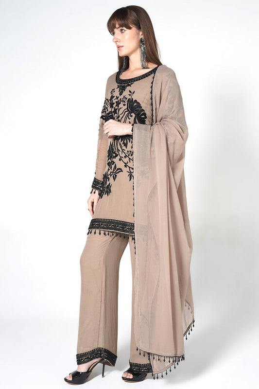 Black Georgette Kurta Set With Contrast White Embroidery And Matching Dupatta