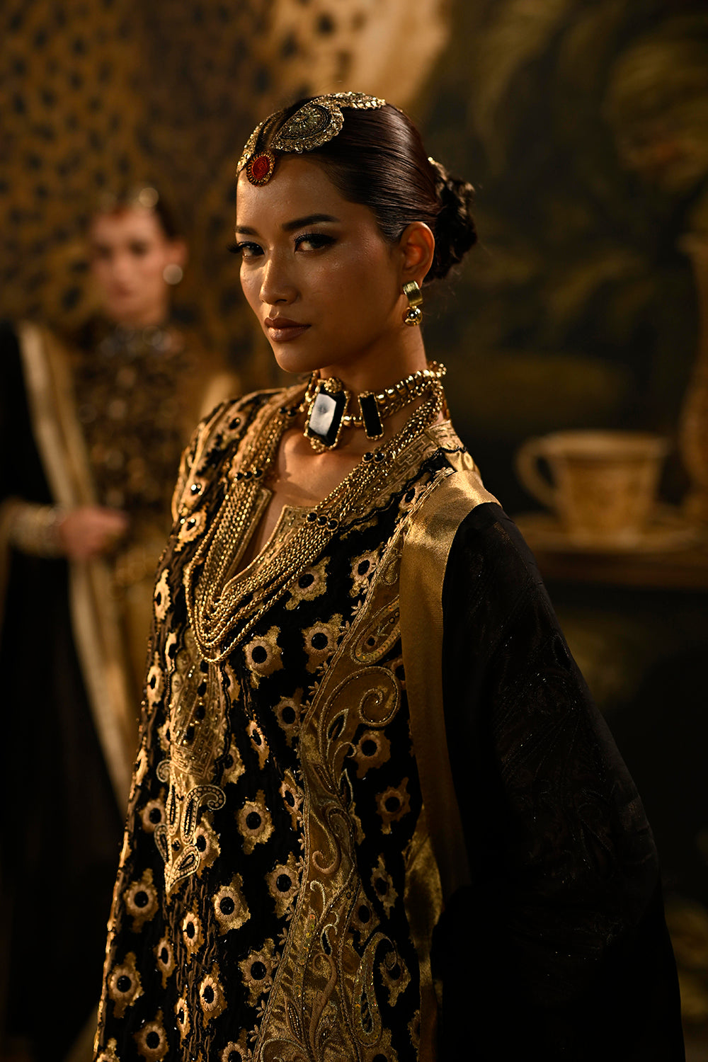 Black Gold Banarsi Silk Tissue Kurta Set With Brocade Detailing And Statement Dupatta