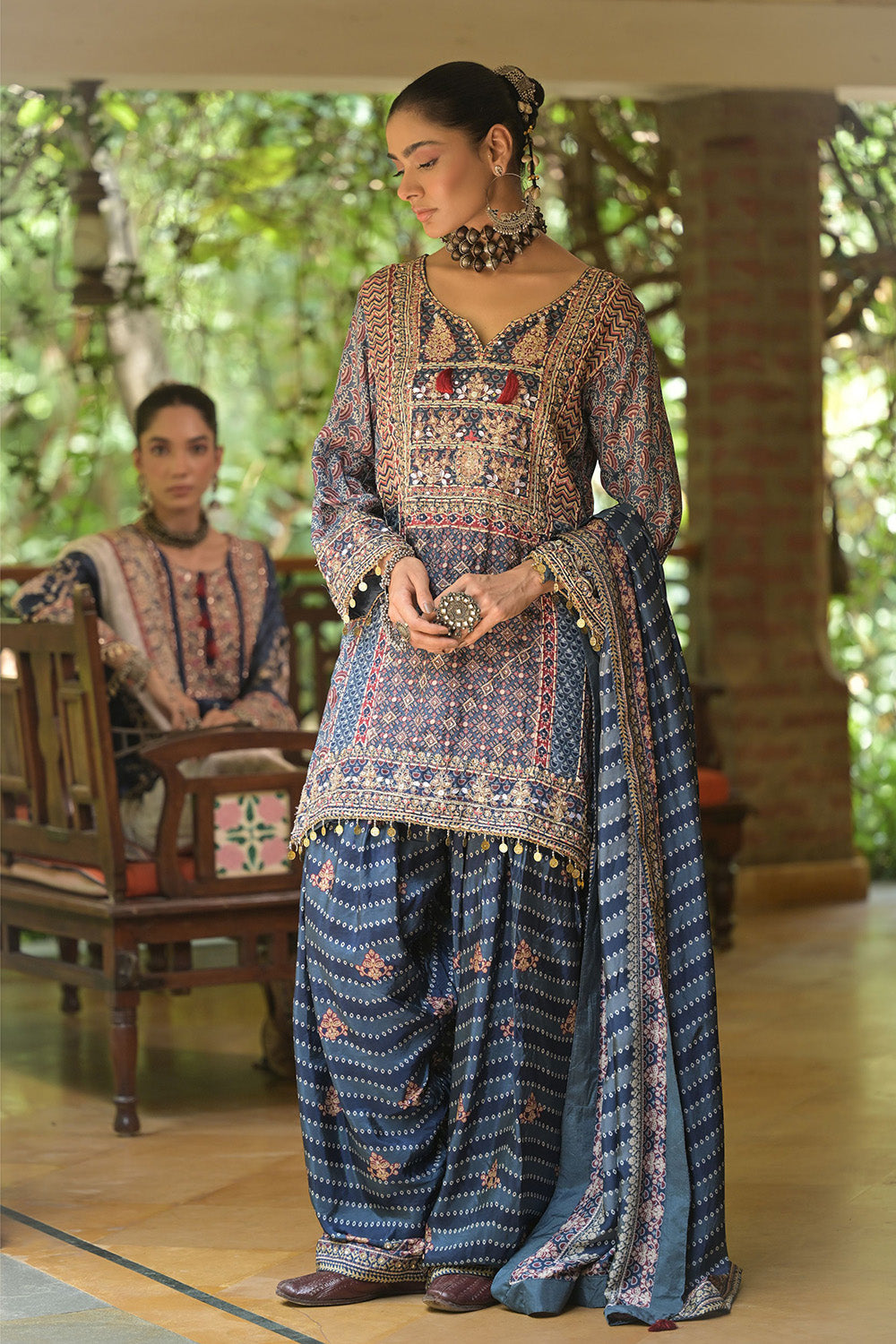 Blue Crepe Short Kurti With Printed Farshi Pants And Dupatta