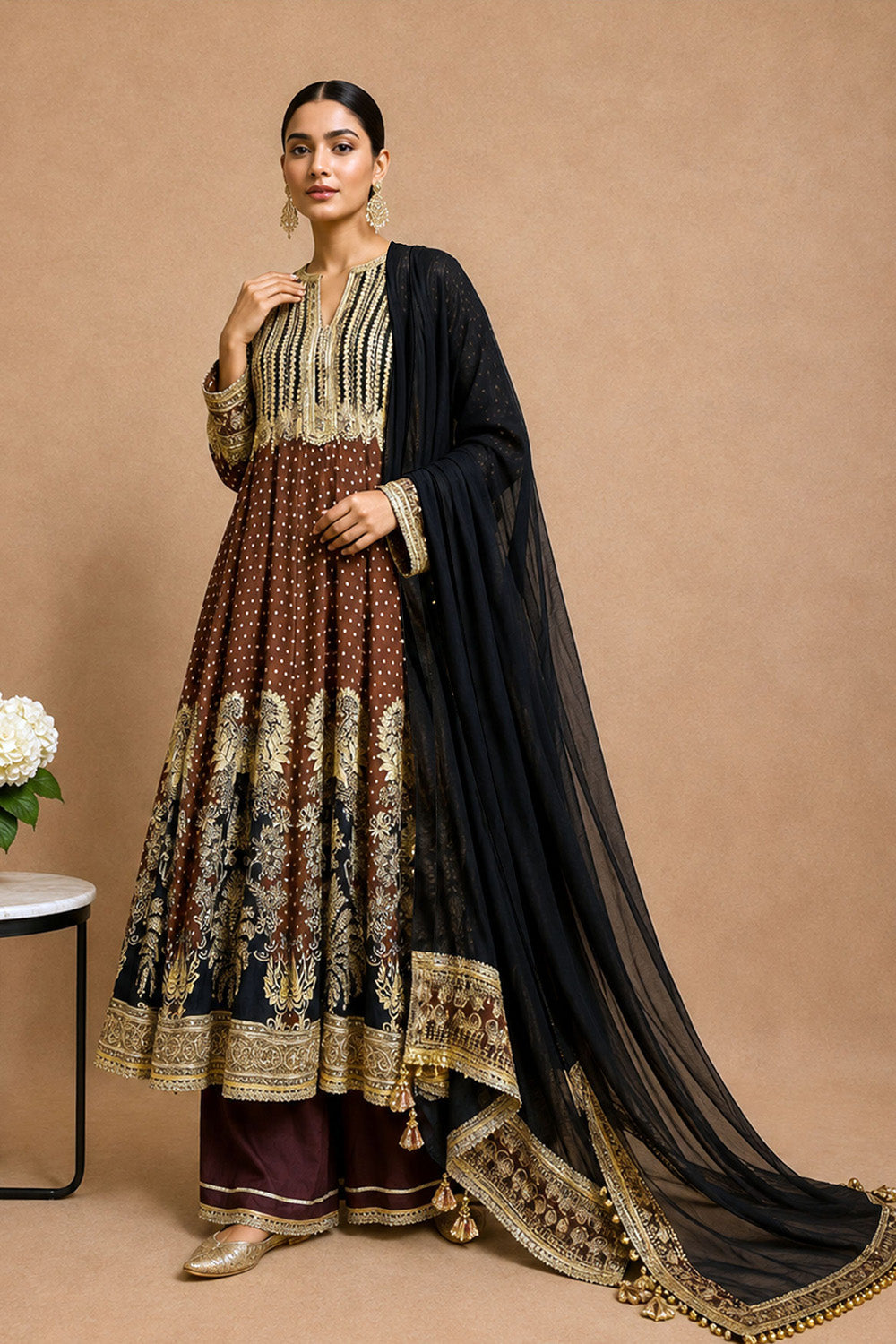 Brown Crepe Anarkali Suit With Black Embroidered Dupatta And Detailing