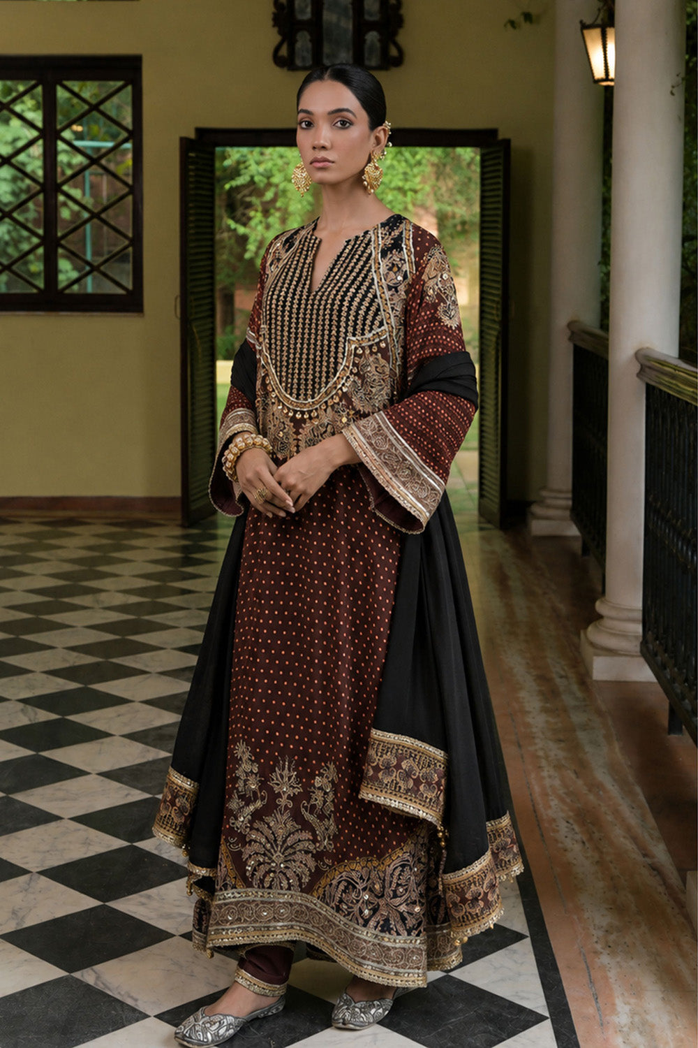 Brown Crepe Kurta With Printed Palazzo And Black Dupatta Detailing