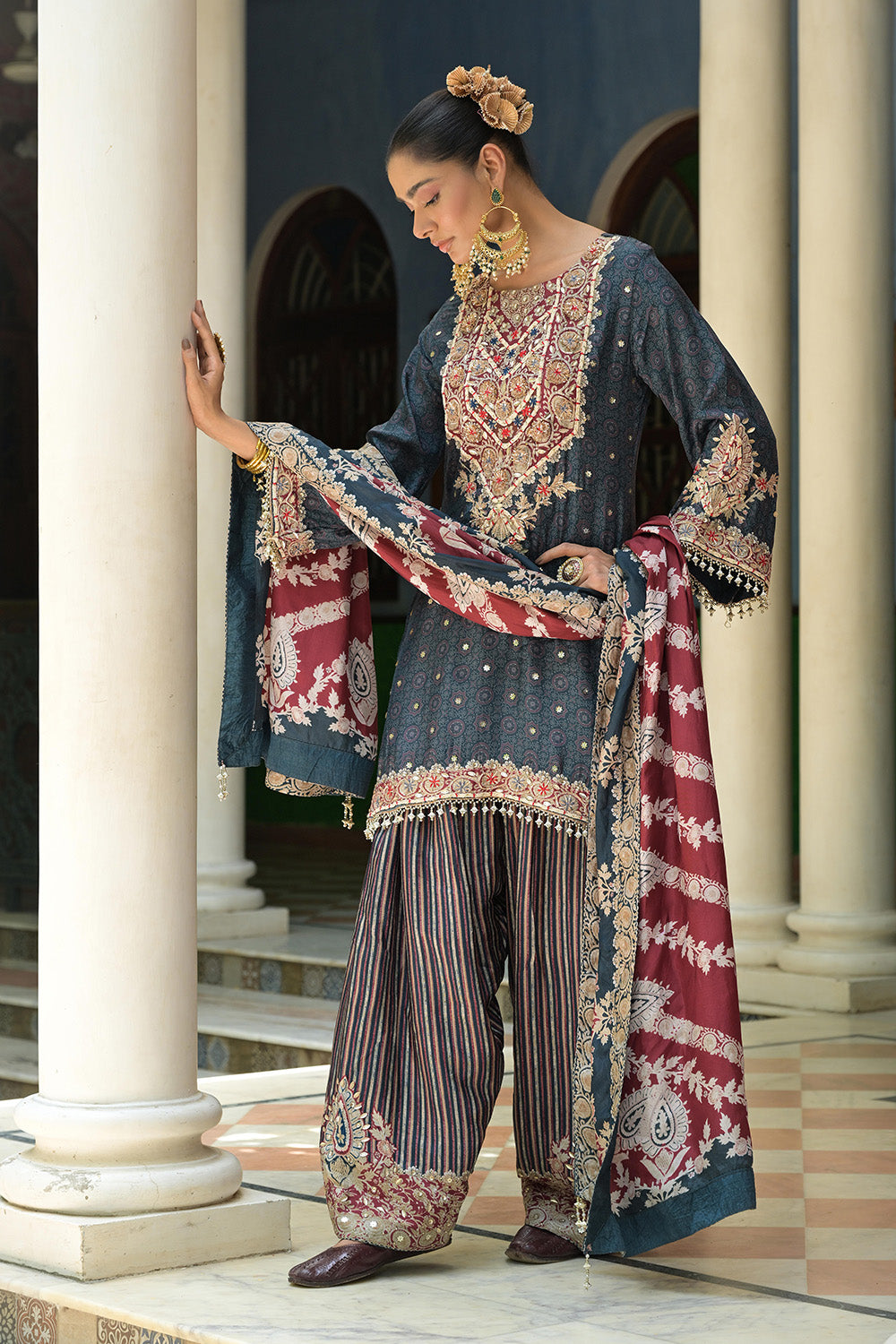 Charcoal Crepe Sharara Suit With Printed Kurta And Dupatta Design