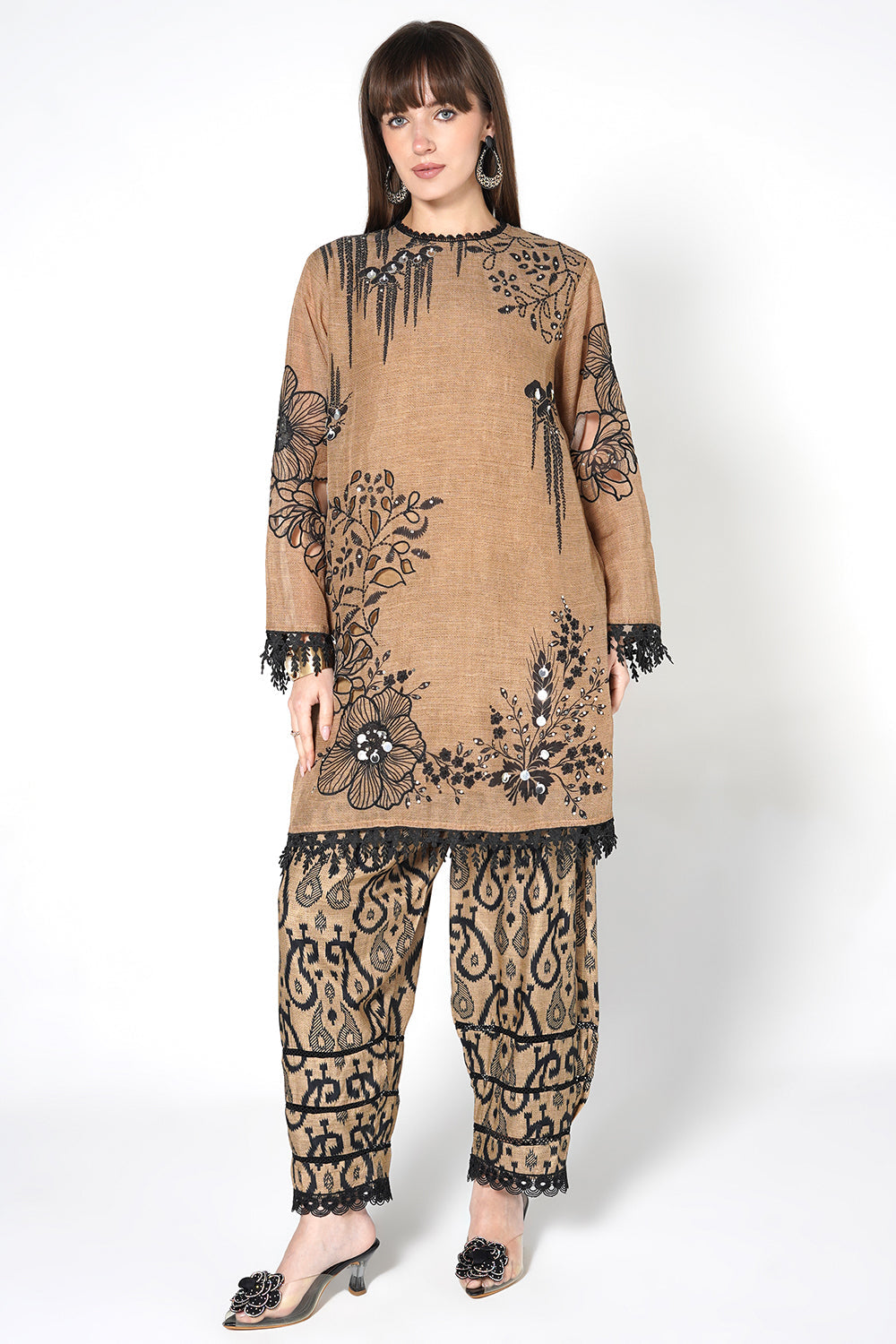 Daily Drama Brown Black Linen Printed Co-ord Set