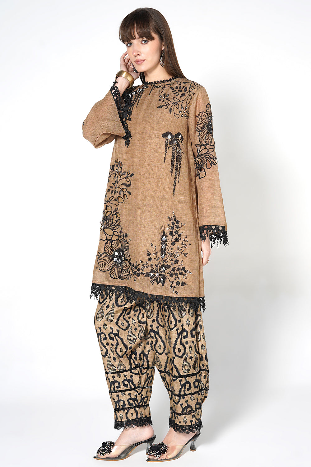 Daily Drama Brown Black Linen Printed Co-ord Set