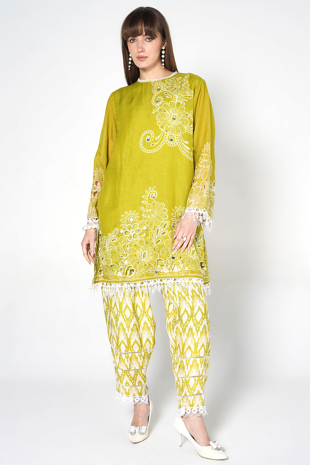 Daily Drama Mehndi White Linen Designer Co-Ord Set