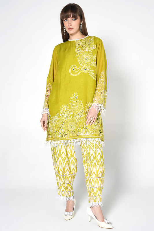 Daily Drama Mehndi White Linen Designer Co-Ord Set