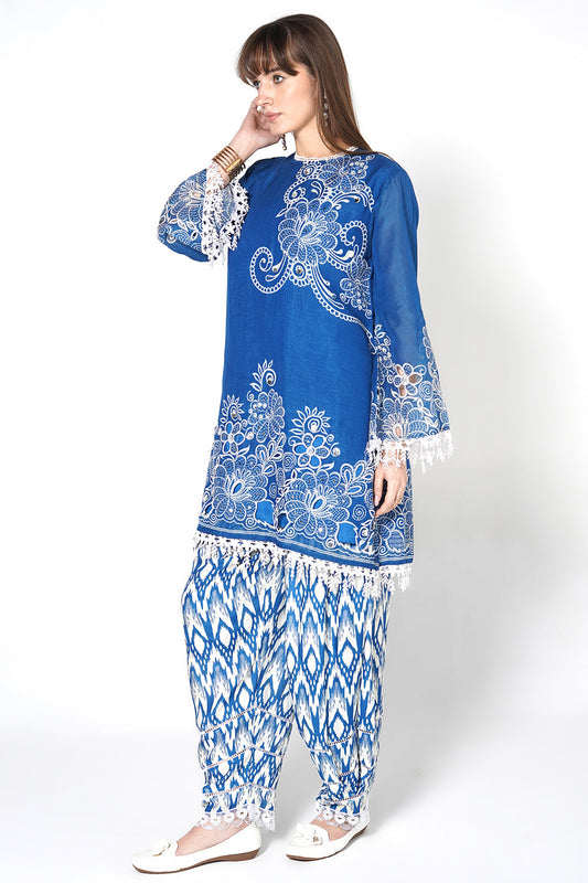 Daily Drama Royal Blue Linen Printed Co-Ord Set