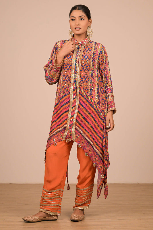 Asymmetrical Orange Kurta Set In Creope with Canvas Tote Bag