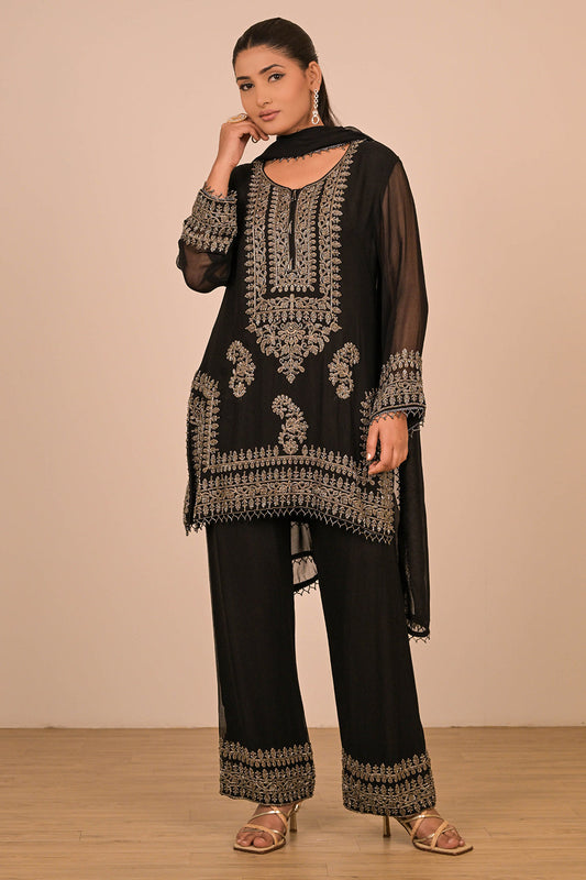 Black Pearl Embroidered Georgette Kurta Set
