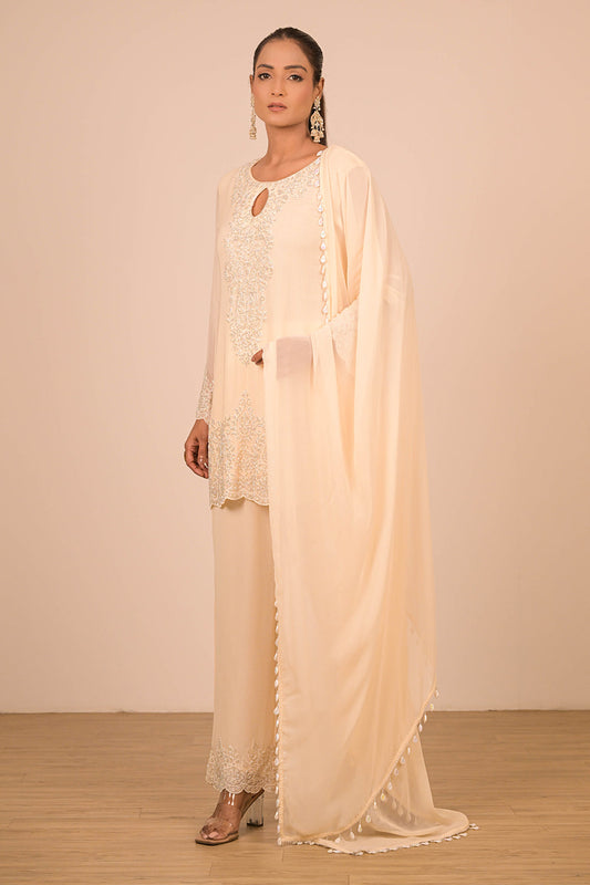 Cream Crepe Short Suit Set with Pearl Moti Embroidery
